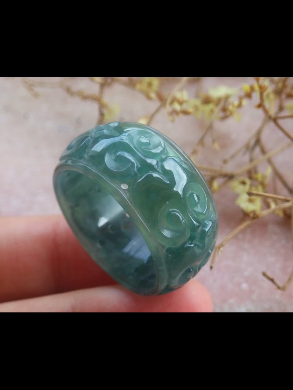 Certificate jadeite Jade dark green good fortune wealth thick ruyi ring size13